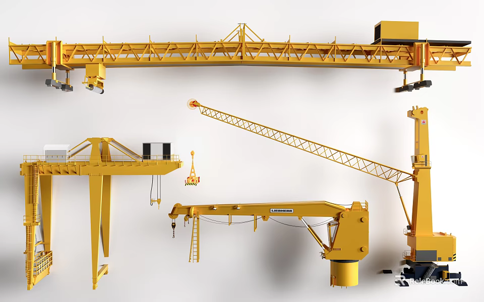 Yellow Construction Cranes Different Types of Functional Vehicles for Heavy Lifting Work 3d model 