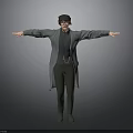 A Man Wearing Gray Long Coat Black Hat Glasses With Arms Outstretched Against Gray Background