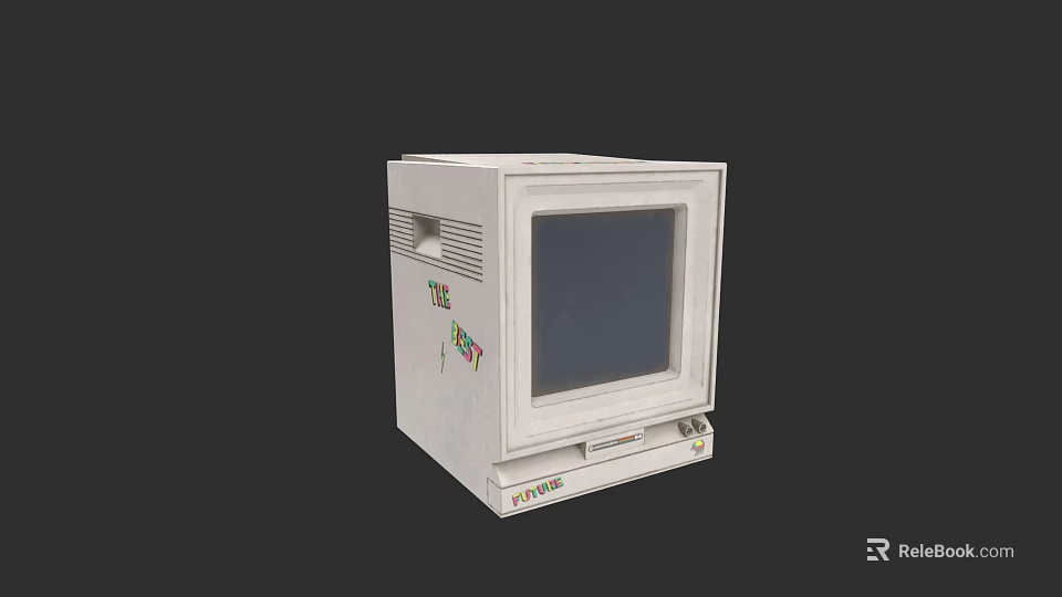 Vintage White Desktop Computer Featuring CRT Monitor And Colorful Side Graphics 3d model 