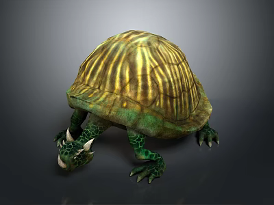 Green Turtle With Yellow And Brown Striped Shell And Scaly Textured Clawed Limbs Decorative Model 3d model