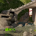 Ancient Architecture on Mountain Slope With Traditional Roof Stone Bridge and Flowing Stream