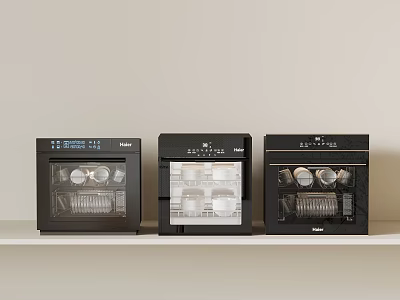 Three Black Haier Kitchen Appliances With Transparent Doors Showing Inside Utensils Arranged Side by Side 3d model