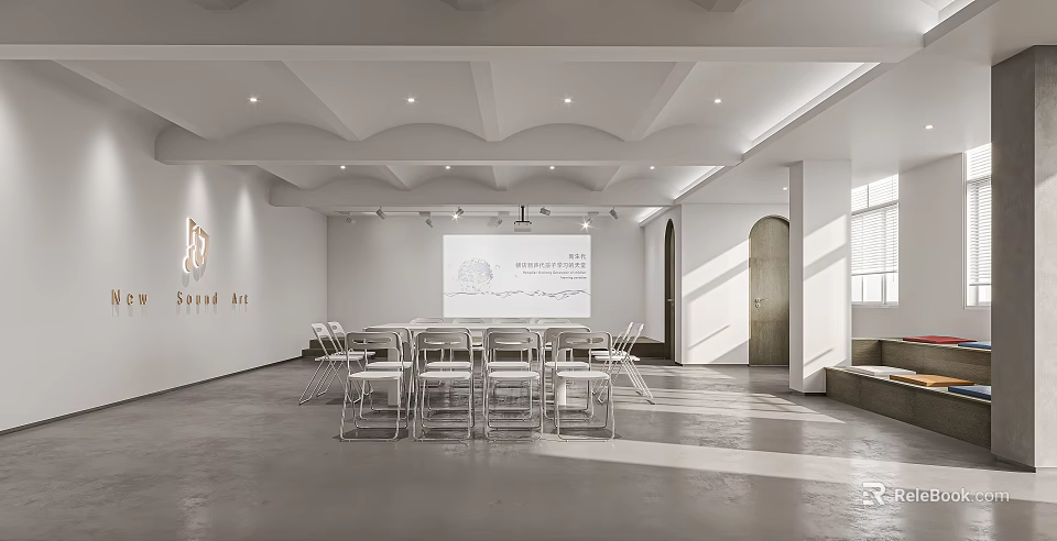 Modern Conference Room Interior With Wavy Ceiling Tables Chairs Projector Screen And Natural Light 3d model 