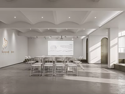 Modern Conference Room Interior With Wavy Ceiling Tables Chairs Projector Screen And Natural Light 3d model