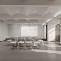 Modern Conference Room Interior With Wavy Ceiling Tables Chairs Projector Screen And Natural Light