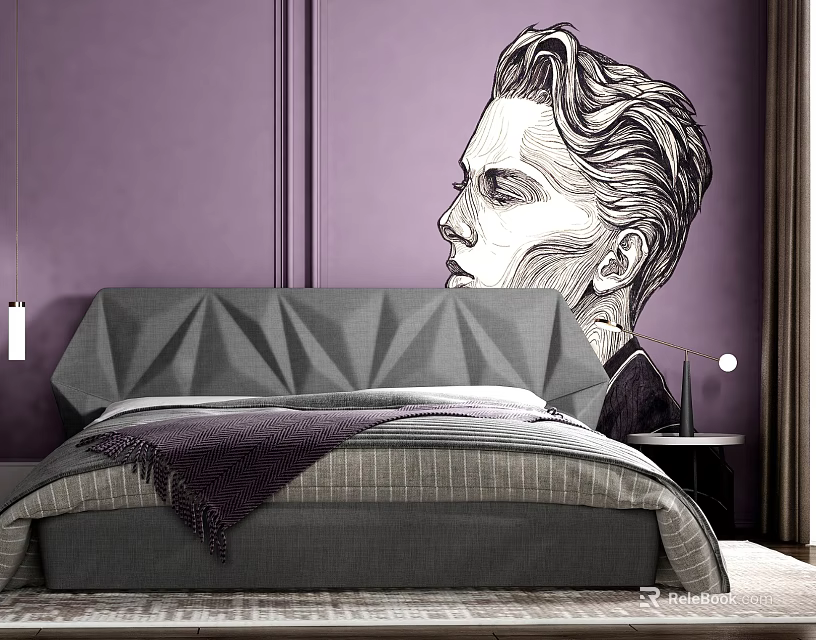 Modern Double Bed With Geometric Headboard On Purple Wall And Black White Portrait Mural 3d model 
