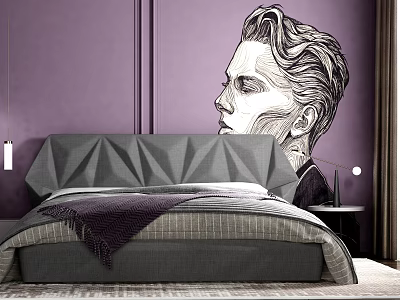 Modern Double Bed With Geometric Headboard On Purple Wall And Black White Portrait Mural 3d model