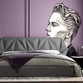 Modern Double Bed With Geometric Headboard On Purple Wall And Black White Portrait Mural