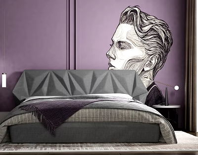 Modern Double Bed With Geometric Headboard On Purple Wall And Black White Portrait Mural 3d model