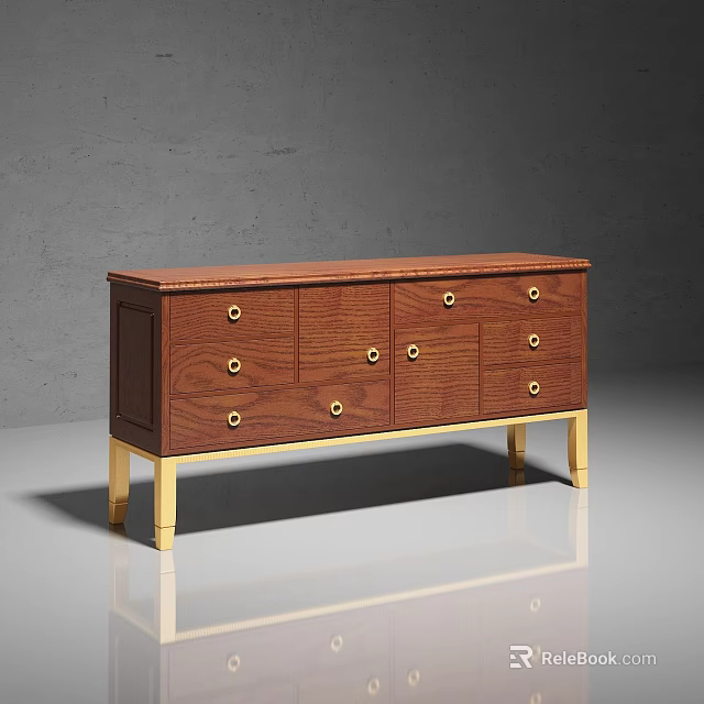 Elegant Brown Wooden Sideboard With Gold Legs And Multiple Drawers 3d model 