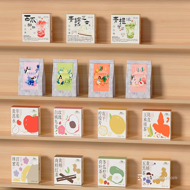 Tea Product Packaging Decorative Set with Fruit Themed Colorful Boxes and Bags on Wooden Shelf 3d model 