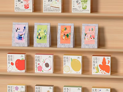 Tea Product Packaging Decorative Set with Fruit Themed Colorful Boxes and Bags on Wooden Shelf 3d model