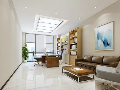 Modern Spacious Bright Office With Large Windows Desk Sofa Bookshelf Green Plants And Wall Painting 3d model