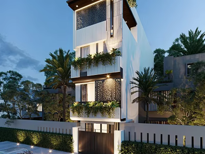 Modern Detached Villa With Greenery Covered Balconies Palm Trees And Illuminated Exterior Design 3d model