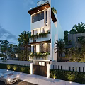 Modern Detached Villa With Greenery Covered Balconies Palm Trees And Illuminated Exterior Design
