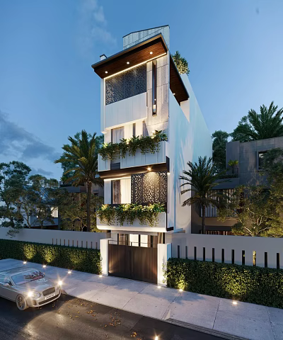 Modern Detached Villa With Greenery Covered Balconies Palm Trees And Illuminated Exterior Design 3d model