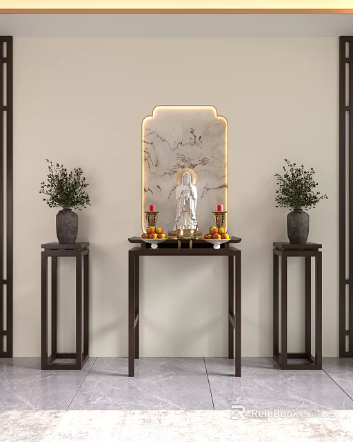 Lighted Traditional Chinese Buddhist Shrine Cabinet With Guanyin Statue Candles Fruits And Potted Plants 3d model 