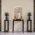 Lighted Traditional Chinese Buddhist Shrine Cabinet With Guanyin Statue Candles Fruits And Potted Plants