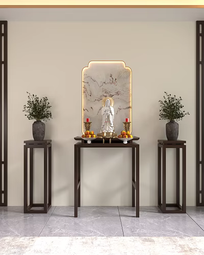 Lighted Traditional Chinese Buddhist Shrine Cabinet With Guanyin Statue Candles Fruits And Potted Plants 3d model