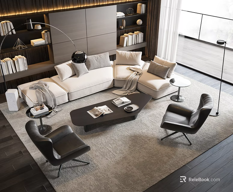 Modern Light Colored Sofa And Dark Coffee Table Set With Black Chairs In Living Room 3d model 