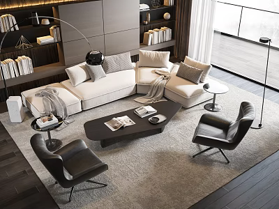 Modern Light Colored Sofa And Dark Coffee Table Set With Black Chairs In Living Room 3d model