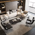 Modern Light Colored Sofa And Dark Coffee Table Set With Black Chairs In Living Room