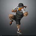 Muscular Cartoon Character In Black Sportswear With White Boxing Gloves Black Cap And Orange Accents