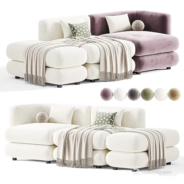 Modern Elegant Two Seater Sofa With White Purple Velvet Upholstery Pillows And Blanket 3d model 
