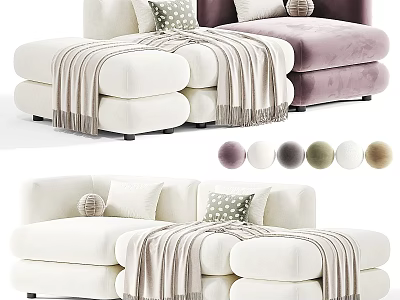 Modern Elegant Two Seater Sofa With White Purple Velvet Upholstery Pillows And Blanket 3d model