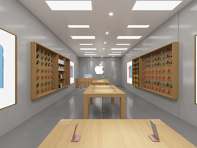 Digital Store Modern Interior With Bright Lighting Wooden Tables Apple Logo And Electronic Devices 3d model