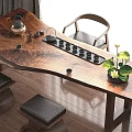 Wooden Tea Table and Chairs with Simple Design Tea Set Tray Green Plant Natural Light
