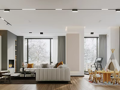 Modern Living Room Interior Design With Gray Sofa Fireplace Large Windows And Wooden Flooring 3d model