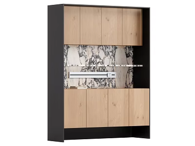 Modern Wooden Sideboard With Black Frame Marble Panel And Storage Cabinets 3d model