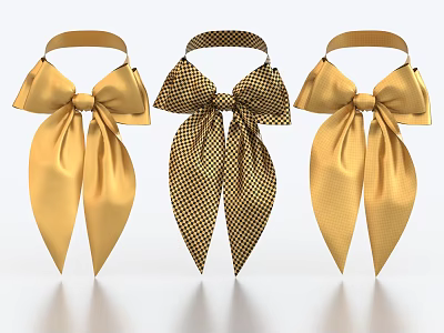 Three Elegant Bow Ties Golden And Brown Checkered Satin Bowknot Design 3d model