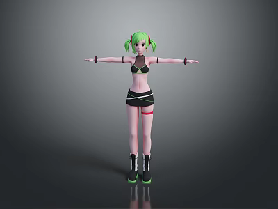 Anime Style Game Movie Character With Green Twin Ponytails Black Bikini Top And Arms Outstretched 3d model