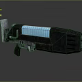 Futuristic Sci Fi Weapon with Black Metallic Body Glowing Blue Energy Core Mechanical Grip Design