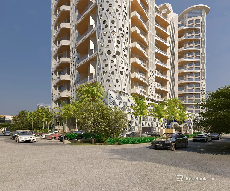 Modern Office Building With Perforated Facade Design And Lush Greenery Surrounding Parking Area 3d model 