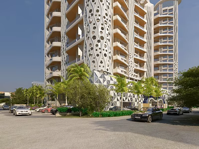 Modern Office Building With Perforated Facade Design And Lush Greenery Surrounding Parking Area 3d model