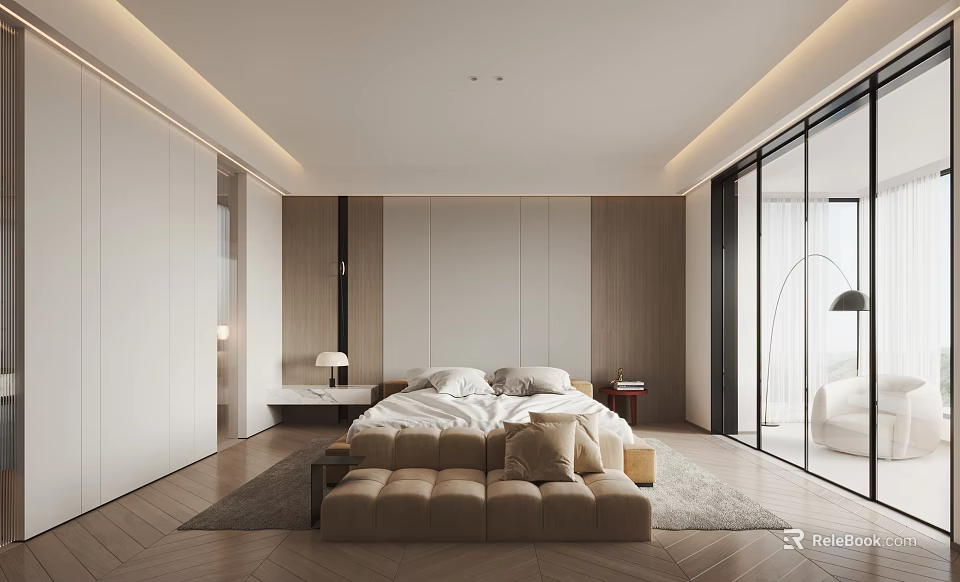 Modern Bedroom Interior With Comfortable Bed Nightstand Area Rug And Floor to Ceiling Windows 3d model 