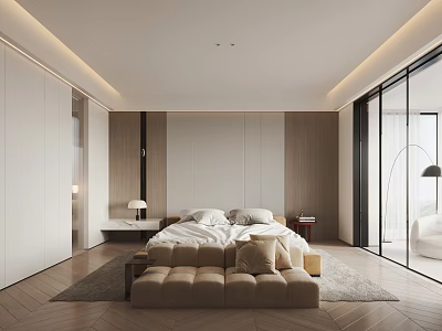 Modern Bedroom Interior With Comfortable Bed Nightstand Area Rug And Floor to Ceiling Windows 3d model