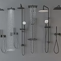 Black Shower Heads In Multiple Styles With Water Spraying On Grey Background