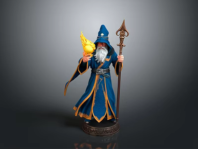 Man in Blue Robe and Hat with White Beard Holding Yellow Glowing Orb and Staff 3d model