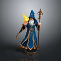 Man in Blue Robe and Hat with White Beard Holding Yellow Glowing Orb and Staff