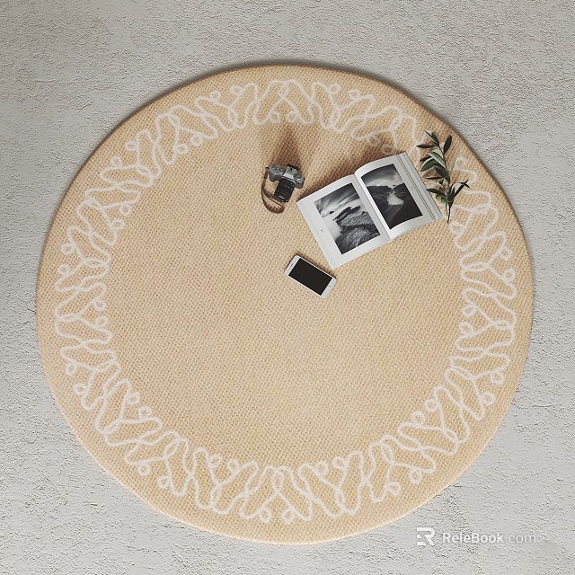 Beige Round Rug with White Border Pattern Open Album Mobile Phone Small Greenery on Top 3d model 