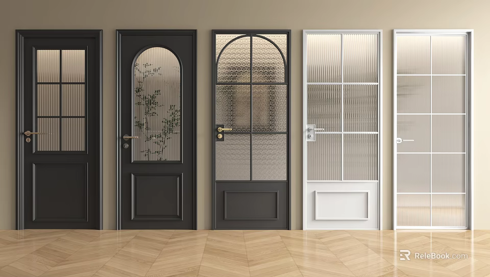 Various Design Hinged Doors Black White Wooden With Arched Lattice Vertical Stripe Glass Panels 3d model 
