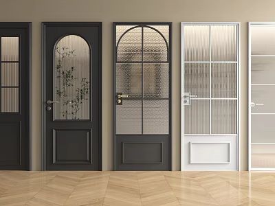 Various Design Hinged Doors Black White Wooden With Arched Lattice Vertical Stripe Glass Panels 3d model
