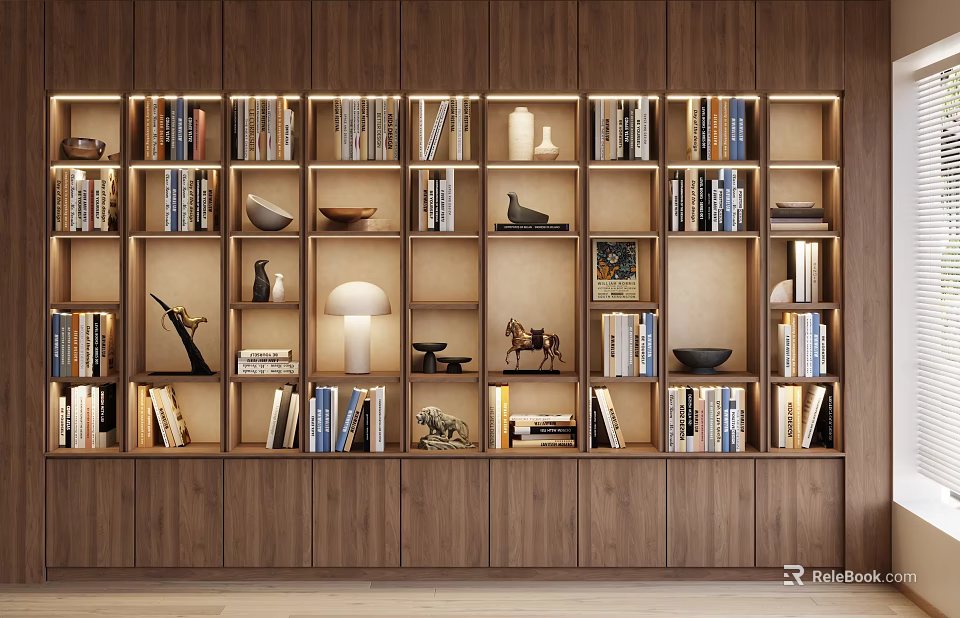 Modern Wooden Bookcase Design With Built in Shelves Books Decorative Items And Table Lamp 3d model 