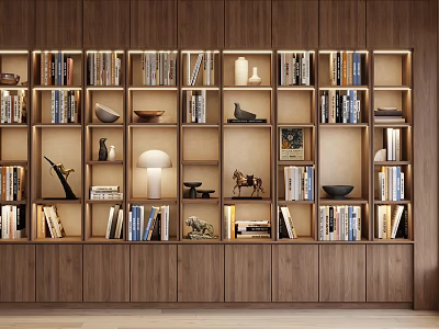 Modern Wooden Bookcase Design With Built in Shelves Books Decorative Items And Table Lamp 3d model