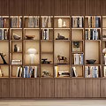 Modern Wooden Bookcase Design With Built in Shelves Books Decorative Items And Table Lamp