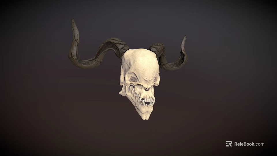 Detailed Mythical Skull With Large Curved Horns On Dark Background 3d model 